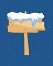 Cartoon wooden winter sign with snow cap vector illustration. Snowy sign board. Wood directional arrow, snow covered