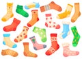 Cartoon woolen socks. Pair stripe children sockes, winter warm striped kid sock, wool hosiery, child cute wardrobe Royalty Free Stock Photo