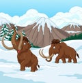 Cartoon Woolly Mammoth walking through a snowy field