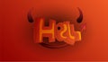 Cartoon word Hell with devil horns and tail in red and dark color, isolated on red background. Hell devil word, cute