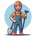 Cartoon worker with hard hat holding shovel and pickaxe with a light blue circle background Royalty Free Stock Photo