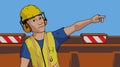 cartoon worker man at work yellow bib and hard hat construction site vector illustration Royalty Free Stock Photo