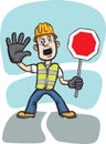 Cartoon worker warning with stop sign
