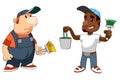 Cartoon workers with brushes and bucket