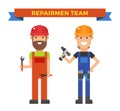 Cartoon workers couple and tools under Royalty Free Stock Photo