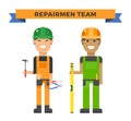 Cartoon workers couple and tools under Royalty Free Stock Photo