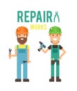 Cartoon workers couple and tools under Royalty Free Stock Photo