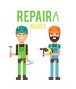 Cartoon workers couple and tools under Royalty Free Stock Photo