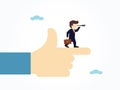 Cartoon working little people standing on edge of huge human finger and looking through spyglass. Vector illustration for business