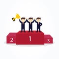 Cartoon working little people standing on the winning podium together. Vector illustration for business design and infographic. Royalty Free Stock Photo