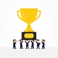 Cartoon working little people with trophy. Vector for business design and infographic Royalty Free Stock Photo