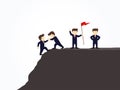 Cartoon working little people trying to climb up mountain holding each others hands. Vector illustration for business design