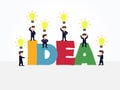 Cartoon working little people with word Idea and light bulb. Vector illustration for business design and infographic