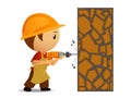 Cartoon workmen with drill make holes in the wall