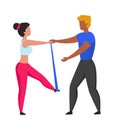 Cartoon workout fitness trainer. Sport exercises with personal gym coach. Woman in training clothes with sports