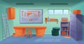 Cartoon workshop garage interior with tools and furniture Royalty Free Stock Photo