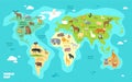 Cartoon world map with animals, oceans and continents. Funny geography for kids education vector illustration Royalty Free Stock Photo