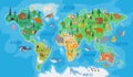 .Cartoon world map for kids nursery with forest animals. Children geography education with europe, asia, australia and Royalty Free Stock Photo