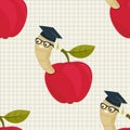 Cartoon worm in alumni hat and glasses peeking from a read apple