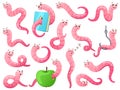 Cartoon worm in different poses. Crawling earthworm, attractive worm on hook and bookworm vector set Royalty Free Stock Photo