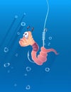 Cartoon worm on a fish hook under water with air bubbles over blue background, fishing live bait with worm as lure in river, sea.