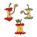 Cartoon worms in apple core, hand drawn vector illustration