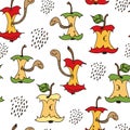 Cartoon worms in apple core seamless pattern, hand drawn vector illustration