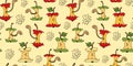 Cartoon worms in apple core seamless pattern, hand drawn vector illustration