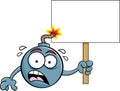 Cartoon worried bomb with a lit fuse holding a sign.