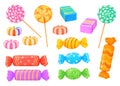 Cartoon wrapped candy. Caramel bonbon sweet lollipops snacks chocolate and fruit sweets for kids, tasty sugar Royalty Free Stock Photo