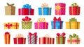 Cartoon wrapped Christmas gift boxes, xmas surprises, winter holidays presents. Holiday greeting, birthday or xmas present boxes Royalty Free Stock Photo