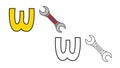 Cartoon wrench tool and letter w for children coloring book