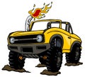 cartoon 4x4 suv with open top and muddy tires