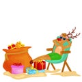 Cartoon xmas deer resting in chair with bag full of presents