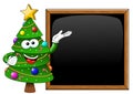 Cartoon xmas tree presenting blank chalkboard blackboard isolated