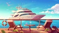 A cartoon yacht deck with a beautiful sea view. Modern illustration of a luxury cruise ship on its deck, with wooden Royalty Free Stock Photo