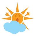 Cartoon of a yawning yellow sun and a blue cloud vector illustration