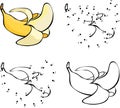 Cartoon yellow banana. Vector illustration. Coloring and dot to dot