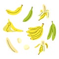 Cartoon Yellow Bananas and Banana Peel Set Icons Set. Vector Royalty Free Stock Photo