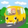 Cartoon yellow bus in the forest road. Coloring book for kids