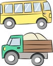 Cartoon yellow bus and green truck vector illustration