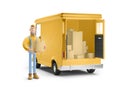Truck delivery service and transportation. 3d illustration. Cartoon yellow car with driver character.
