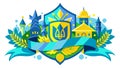 Cartoon yellow field with sunshine houses and plants. In the middle is a trident, the coat of arms of Ukraine. There are yellow