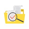 Cartoon yellow folder with documents, file searching. Big magnifying glass with red correctly mark. File manager