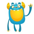 Cartoon yellow furry monster. Halloween vector illustration of excited monster.