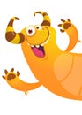 Cartoon yellow furry monster trying to scare from behind the wall. Royalty Free Stock Photo