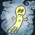 Cartoon of a yellow ghost in a spooky evil forest