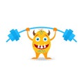 Cartoon yellow horned monster with barbell
