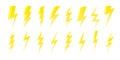 Cartoon yellow lightning bolt. Fast shiny electric arrow symbols, glossy lightning electric sign, power bolt energy icon