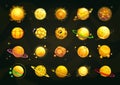 Cartoon yellow and orange planets set. Funny fantasy planet on cosmic background.